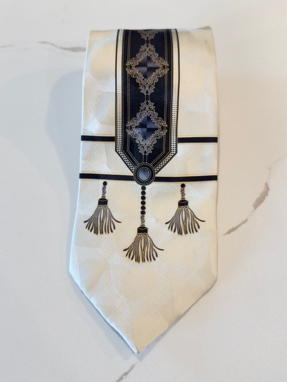 Giorgio Cosani Men's Ivory Necktie with Navy Tassel Detail